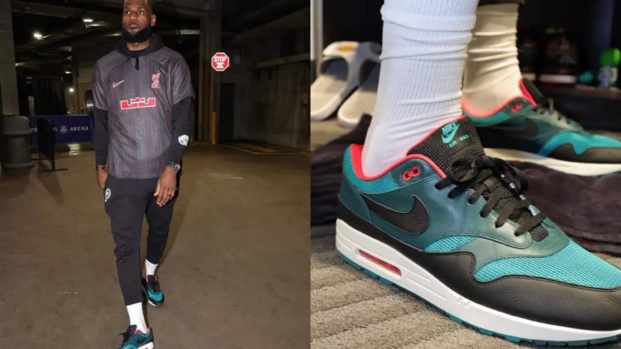 Hinh anh 2: Doi giay Liverpool x LeBron James x Nike Air Max 1 voi phoi mau trang-den-do.