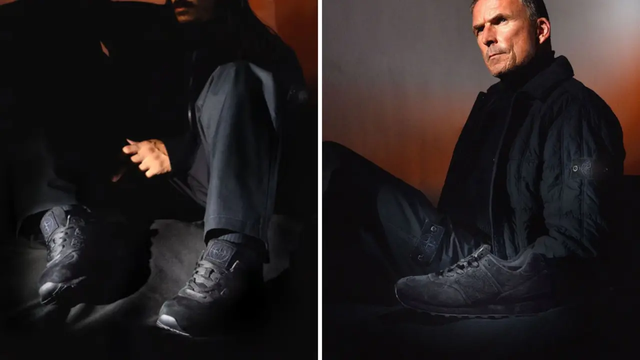 Hinh anh 10: Stone Island x New Balance 574 Ghost: Giay sneaker toi gian voi ba phoi mau Dark Brown, Grey, Navy, ra mat tai London Fashion Week.