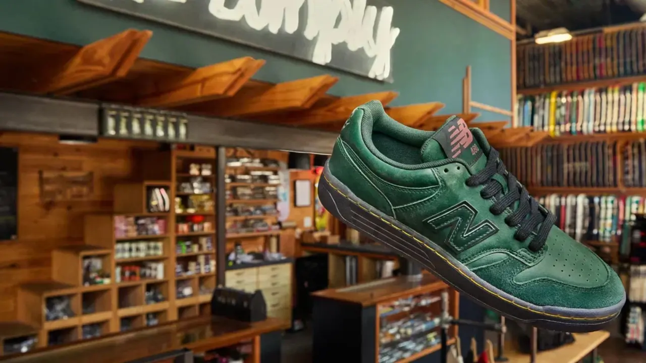 Hinh anh 6: Hinh anh doi giay No-Comply x New Balance Numeric 480 voi thiet ke mau xanh la cay va cac chi tiet doc dao.