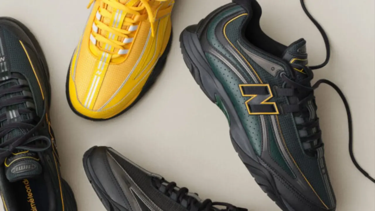 Hinh anh 3: Giay Aime Leon Dore x New Balance RC56 Thu/Dong 2025 voi phoi mau vang, xanh la va den.