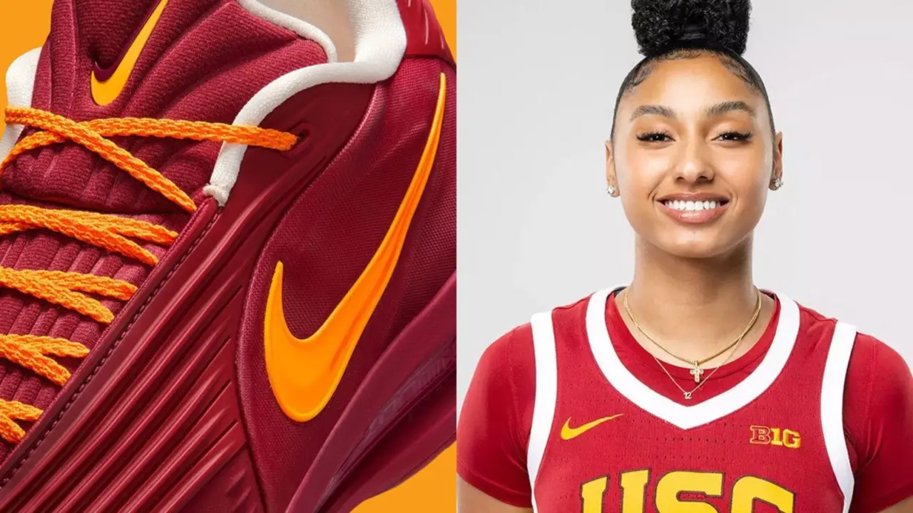 Hinh anh 5: JuJu Watkins cam doi giay Nike GT Cut 3 Turbo PE voi thiet ke do do va vang ruc