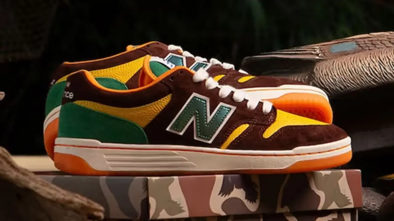 Hinh anh 1: Giay New Balance x Rukus 480 'Mallard Duck' voi thiet ke lay cam hung tu san vit o Louisiana.