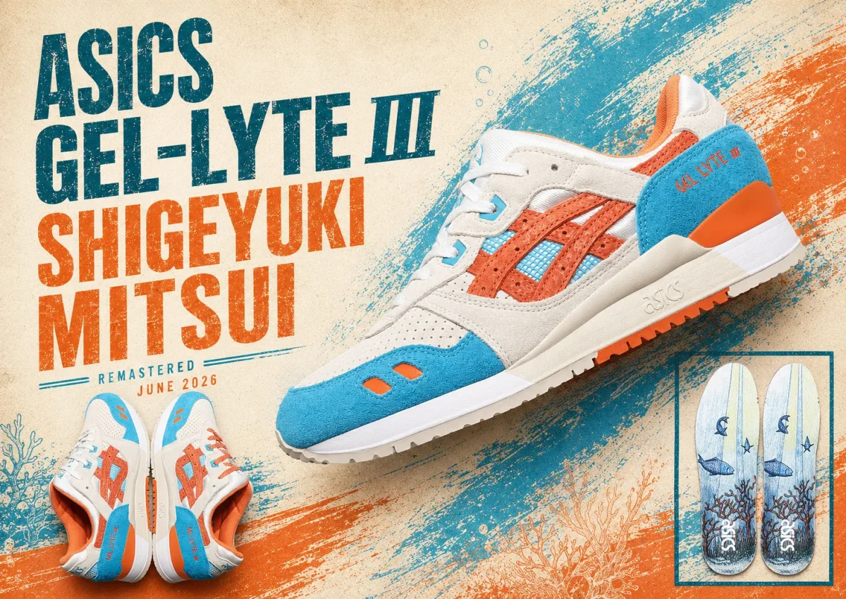 ASICS Gel-Lyte III Shigeyuki Mitsui phối xanh đại dương, chụp nghiêng rõ split tongue