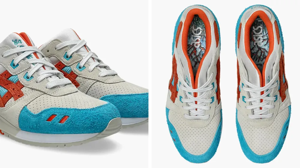 Cận cảnh ASICS Gel-Lyte III Shigeyuki Mitsui, da lộn kem, xanh ngọc và cam